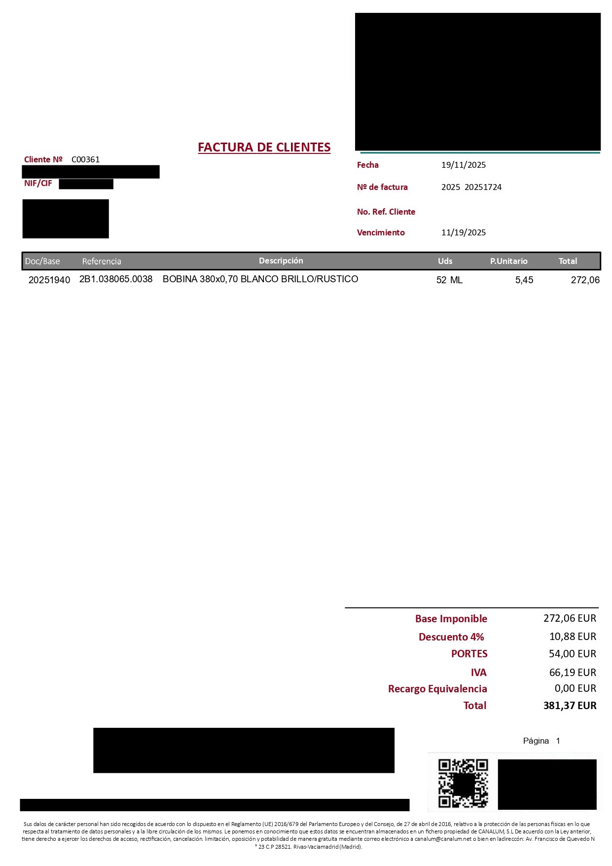 Factura anonimizada generada con Crystal Reports para SAP Business One